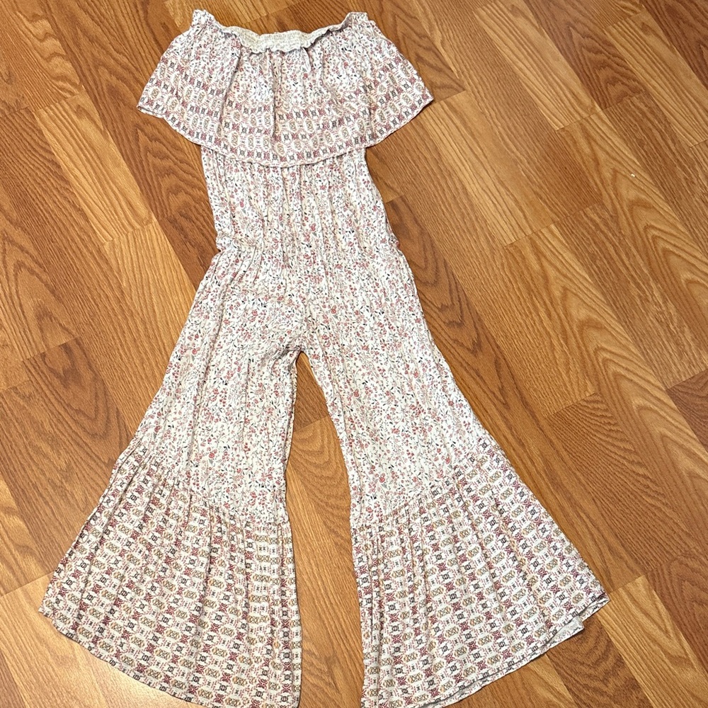 Japna Cream Floral Off-Shoulder Smocked Jumpsuit